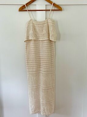 Cream Crochet Maxi Dress with Spaghetti Straps made in Italy-XS
